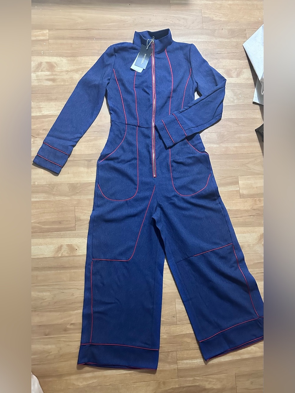 Navy Blue Wide-Leg Jumpsuit with Contrast Pink Piping